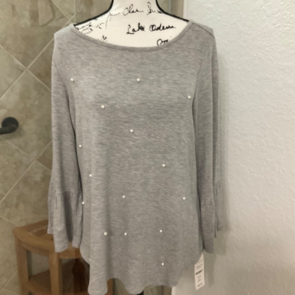 316- Hannah NWT Super Soft Gray Long Sleeve Top with Pearls, Size Large. - Picture 2 of 9